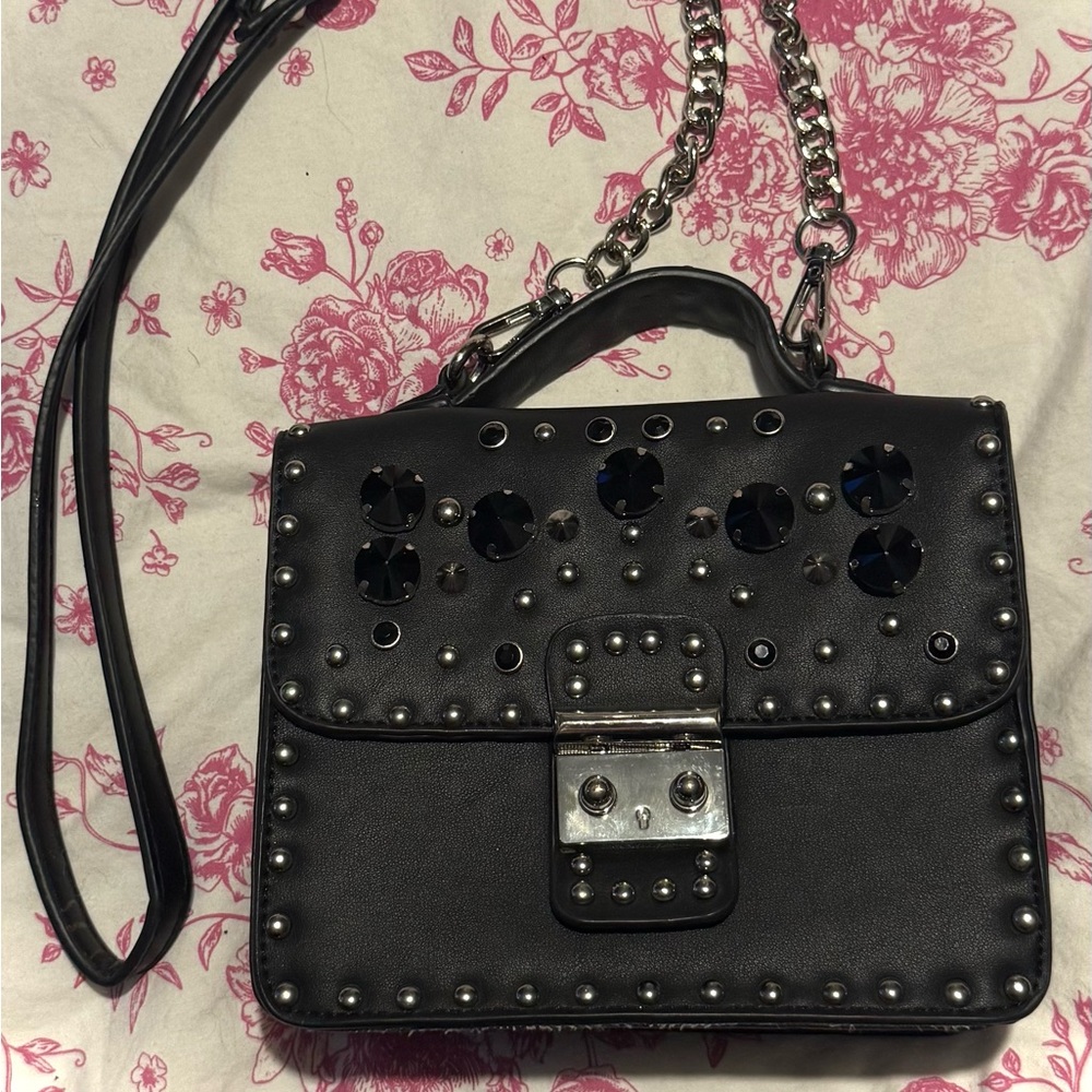 Black and Silver Studded Satchel with Chain Strap